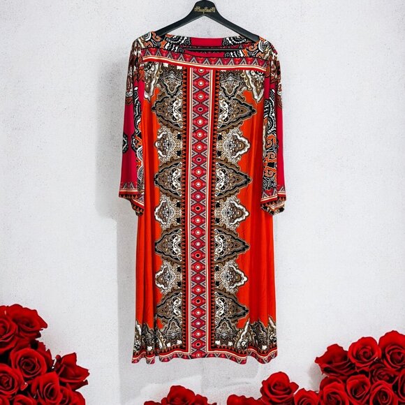 ECI New York Pink Orange Dress 16W Boho Multicolor Print 3/4 Sleeve Shift Dress - Picture 4 of 8